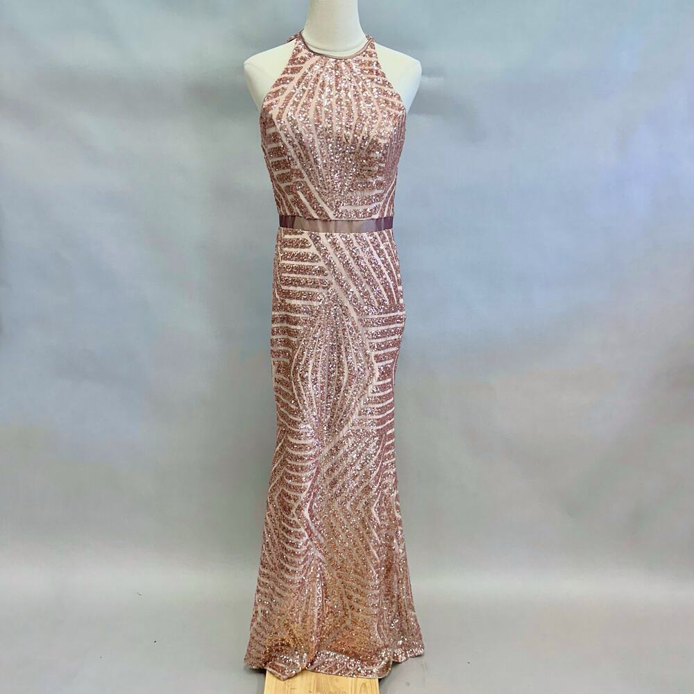 Vintage Cache Rose Gold Sequin‎ Halter Gown Sz 6 Geometric Maxi Formal Dress Y2K